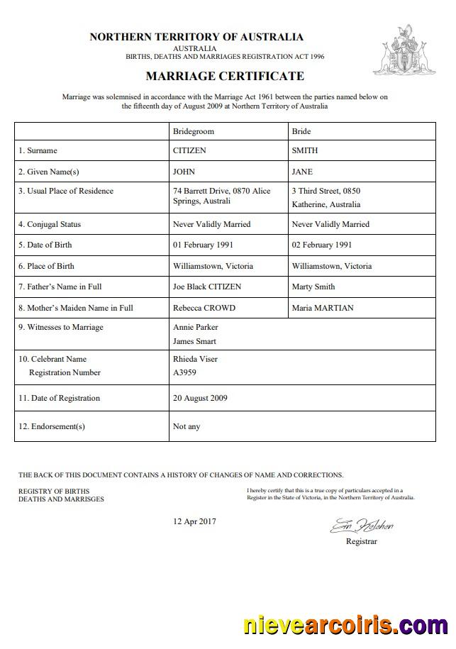 Australia Northern Territory of Australia marriage certificate